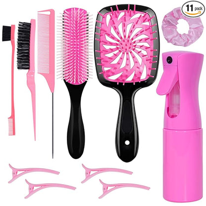 11 Pcs Hair Brush Set, Detangle Hair Brush And Spray Bottle, 3 Pieces Smooth Hairbrush For Toddlers, Suitable For Wet and Dry Hairstyles, Suitable For Adults And Children. (Pink)