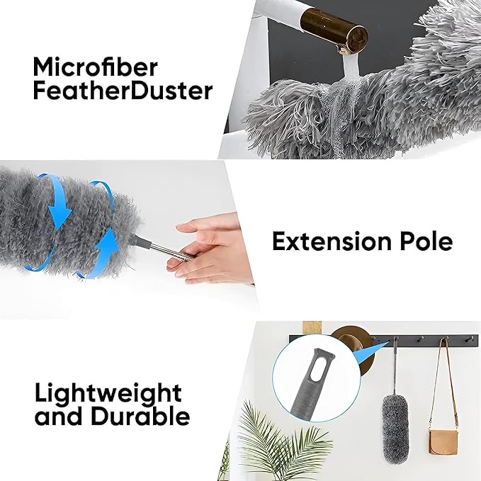 5PCS Retractable Washable Curved Microfiber Duster, with Extension Pole Feather Duster, Reusable Bendable Washable Dusters Set, for Cleaning Ceiling Fan, High Ceiling