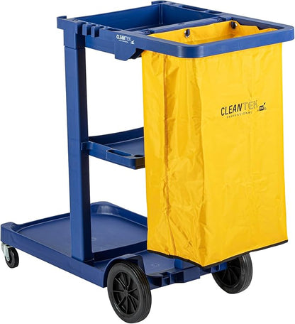 Restaurantware-Clean Tek Professional Janitor Cart with Wheels, 1 Cleaning Trolley with 18 Gallon Bag - 3 Shelves, Heavy-Duty, Blue Plastic Commercial Janitorial Cart, for Restaurants