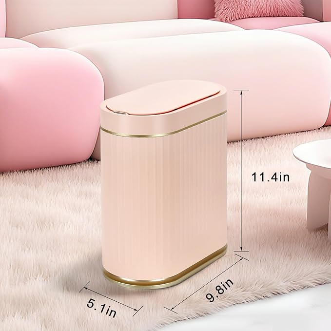 ELPHECO Bathroom Trash Can 2 Gallon Plastic Smart Garbage Can Waterproof Wastebasket Bathroom Decor Narrow Garbage Bin with Automatic lid for Bedroom, Kitchen (Pink Gold)