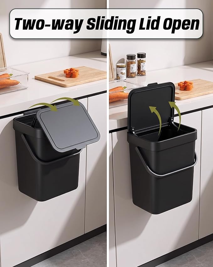 3.2 Gallons Hanging Trash Can with Slide Lid - Kitchen Garbage Can, Under Sink Trash Can, Garbage Can for Bathroom, Waste Bucket Outdoor Indoor, 12L(Black)
