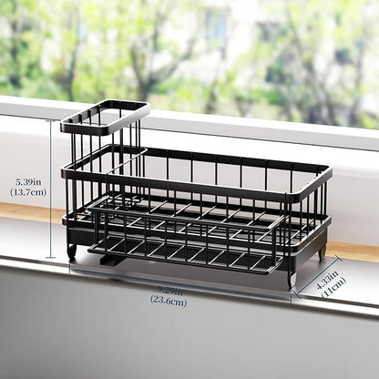 Consumest Sponge Holder for Kitchen Sink - Auto Draining Sink Caddy Organizer with Detachable Rack, High Brush Holder, Kitchen Countertop Storage Accessories, Black