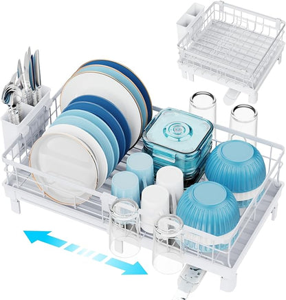GSlife Expandable Dish Drying Rack for Kitchen Counter, 12-20.5 Inch Compact Dish Rack with Drainboard, Swivel Spout, Cup & Utensil Holder, Rust-Resistant Dish Drainer for Small Kitchen, RV, White
