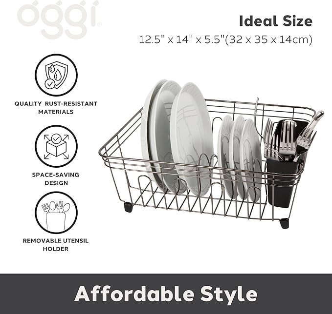 Oggi Compact Dish Drying Rack - Black Steel Drainer, Racks for Kitchen Counter, Durable Coated Steel Kitchen Dryer with Cutlery Holder