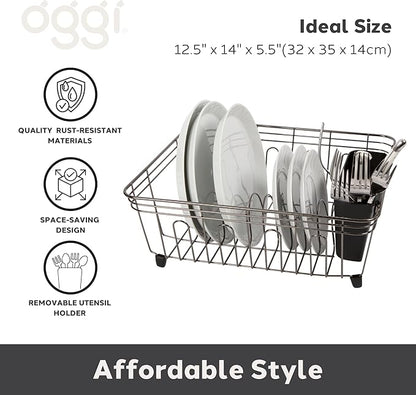 Oggi Compact Dish Drying Rack - Black Steel Drainer, Racks for Kitchen Counter, Durable Coated Steel Kitchen Dryer with Cutlery Holder