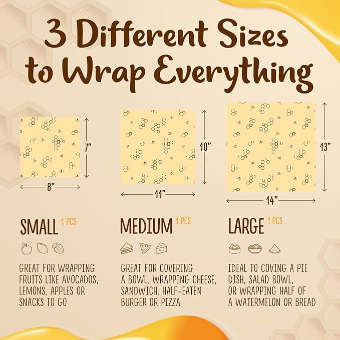 Bee’s Wrap Reusable, Eco Friendly Beeswax Food Wraps, Organic Cotton Food Storage, Assorted Pack of 3 (S, M, L) - Sustainable, Durable, Washable