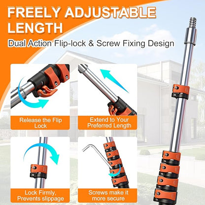 35 FT Reach Cobweb Duster with 5-29FT Telescoping Pole, Dual Action Flip-Lock & Screw Fixing Design, Washable Reusable Duster for High Ceilings, Fans & Home Cleaning