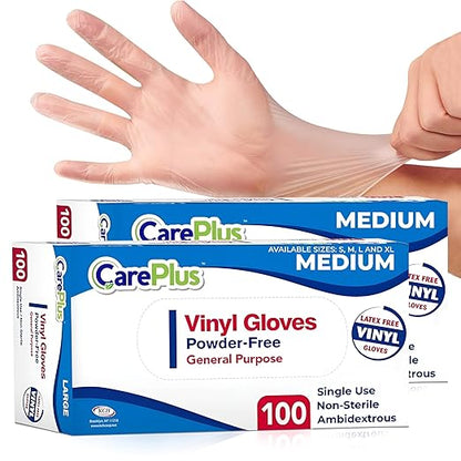 CARE PLUS Vinyl Gloves Clear Medium Size 200 Count | Heavy Duty, Non-Sterile, Powder-Free, Latex-Free Rubber | Food Prep, Kitchen & Cleaning Gloves, Ideal for Professional Use