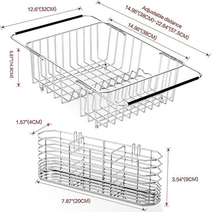 Fanbsy Large Dish Drainer Rack in Sink Adjustable, Expandable 304 Stainless Steel Metal Dish Drying Rack Organizer with Stainless Steel Utensil Holder Over Inside Sink Counter, Rustproof