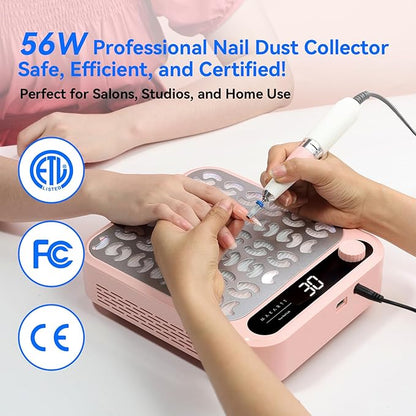 Makartt Nail Dust Collector - Professional Powerful Suction Larina Vacuum Fan Dust Cleaner with LED Display, Adjustable Speed, Reusable Filter for Acrylic Nails Polishing Manicure Salon Home Pink