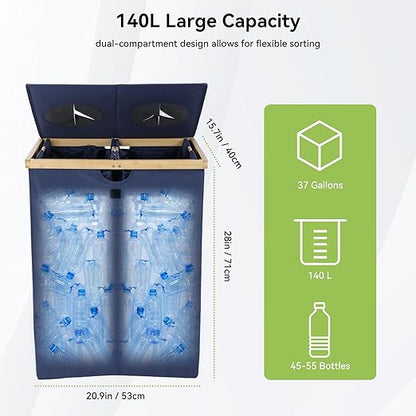 OTraki 140L Recycling Bin for Kitchen Indoor Home, 2 Compartments Large Home Recycle Bin with Lid with 2 Removeable and Reusable Inner Bag for Bottle Can Glass Waste Plastice Stickers