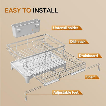 Laveshop Dish Drying Rack, 304 Stainless Steel Expandable Dish Drainer for Kitchen Counter, Space-Saving with Utensil Holder, Gray