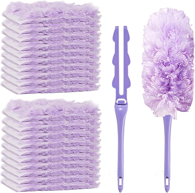 Duster Refills Compatible with Swiffer, 20 Count with 2 Handles, Heavy Duty 360° 4X Microfiber Stay-On Pads, Unscented Disposable Duster for Home Pet Hair Blinds Ceiling Fans Cleaning