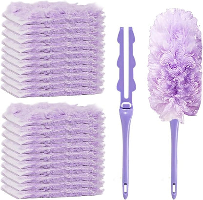 Duster Refills Compatible with Swiffer, 20 Count with 2 Handles, Heavy Duty 360° 4X Microfiber Stay-On Pads, Unscented Disposable Duster for Home Pet Hair Blinds Ceiling Fans Cleaning