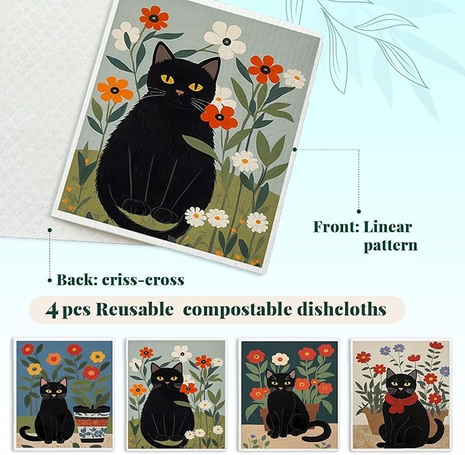 Cat Swedish Dishcloths for Kitchen, Papaya Reusable Paper Towels, 4 Pack Dish Towels for Kitchen, Swedish Dish Cloths, Reusable Paper Towels Washable