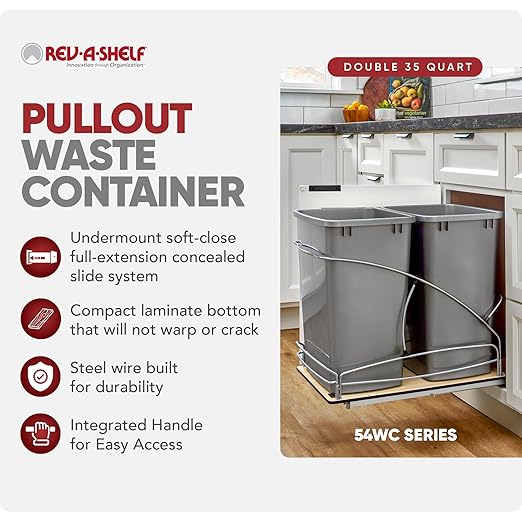 Rev-A-Shelf 35 Qt / 8.75 Gal Steel Bottom Mount Double Pullout Waste Container w/Soft-Close for Base Cabinets, Min Opening Width of 14.5", Silver, 54WC-1835SC-17-1