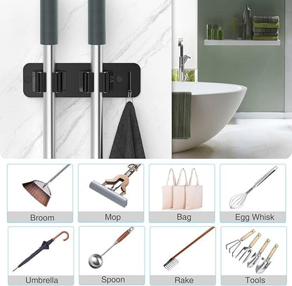 homeasy Wall Mount Mop and Broom Holder, Heavy Duty Stainless Steel Organizer Rack with Hooks | 4-Pack, 2-in-1 No Drill & Screw Installation, Black
