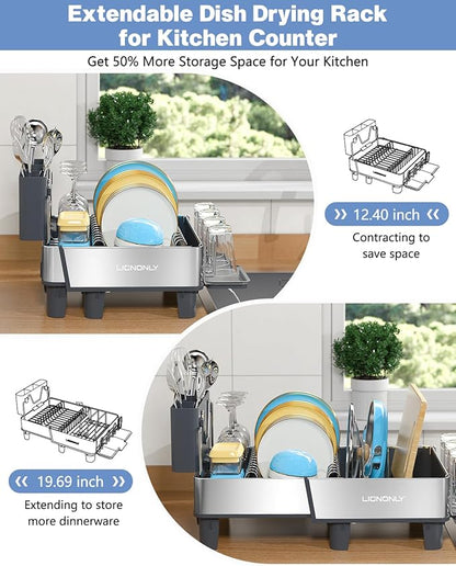 Dish Drying Rack, 304 Stainless Steel Expandable Dish Rack with Adjustable Drain Spout, Large Capacity Dish Drainer with Utensil Holder, Cup Holder and Cutting Board Rack for Kitchen Counter, Gray