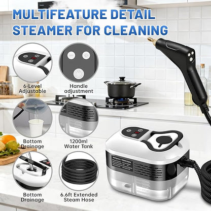 Pressurized Handheld Steam Cleaner, Portable Steamer for Cleaning with 1.2L Large Tank, 15s Fast Heat-Up, 6-Level Adjustable, Powerful Steam Cleaner for Home, Car, Kitchen, Tile, Grout