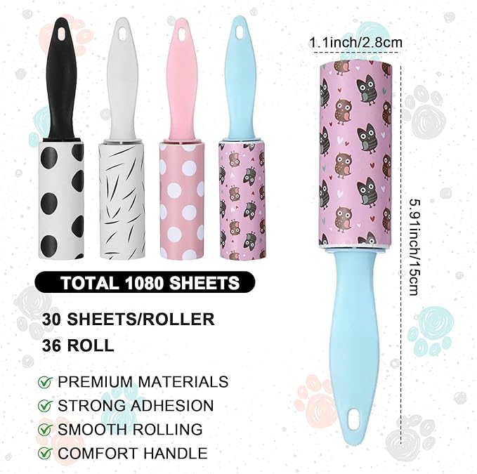 36 PCS Mini Lint Roller 1080 Sheets Rollers for Pet Hair Extra Sticky Travel Size Pet Hair Remover Compact Lint Roller for Clothes Portable Sticky Remover Dust Furniture Car Seat Gift Bags
