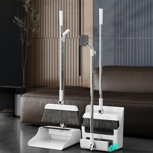 3-in-1 Broom and Dustpan Set - Stainless Steel Handle Floor Cleaning Kit for Home & Office, Space-Saving Storage Design