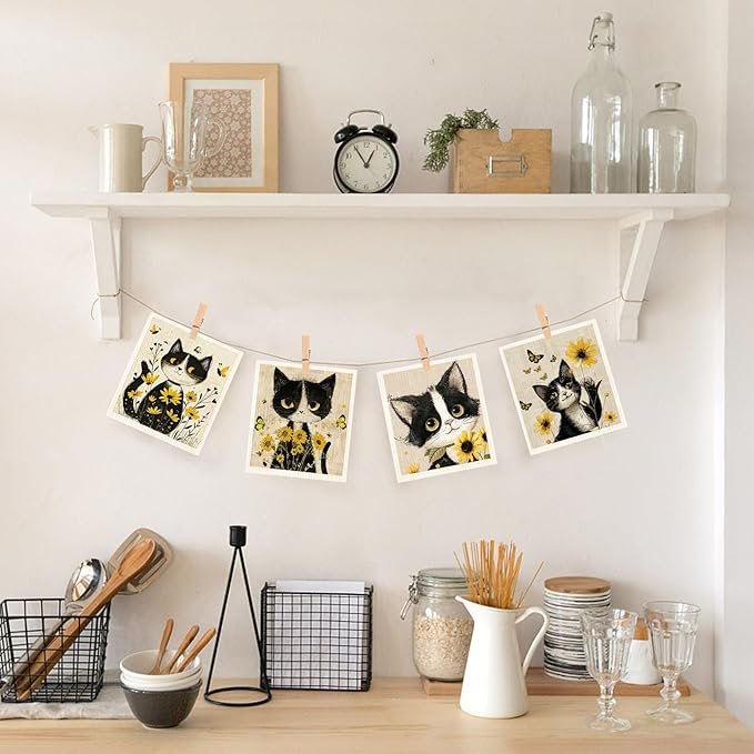 Cat Swedish Dishcloths for Kitchen Dish Towels,Cellulose Sponge Cloths,Non Scratch Reusable Paper Towels, Biodegradable and Reusable Kitchen Dish Rags