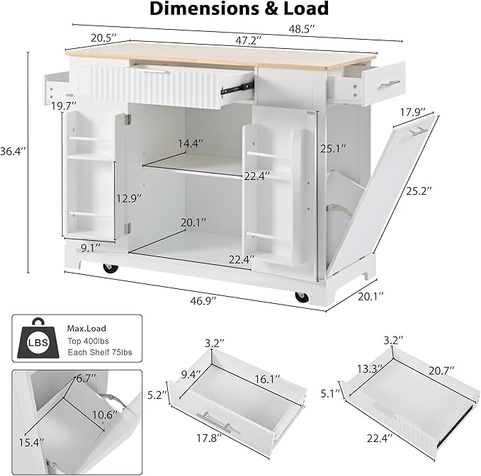 48.5" Kitchen Island with Trash Can Storage Cabinet, Power Outlet, Internal Storage Rack, Rolling Kitchen Islands Cart on 5 Wheels with 3 Drawers, 3 Open Side Racks, White