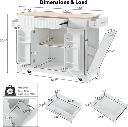 48.5" Kitchen Island with Trash Can Storage Cabinet, Power Outlet, Internal Storage Rack, Rolling Kitchen Islands Cart on 5 Wheels with 3 Drawers, 3 Open Side Racks, White