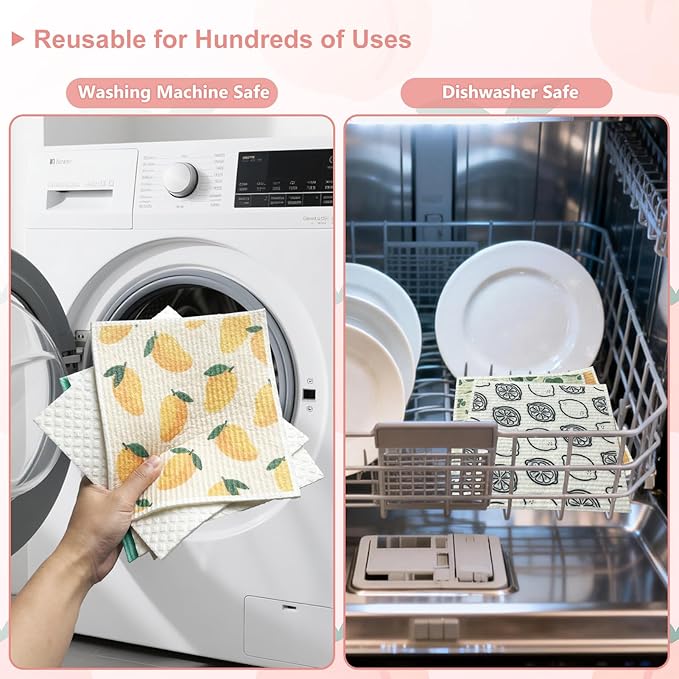 Swedish Dishcloths 6-Pack, Super Absorbent & Fast-Drying Reusable Dish Towels, Biodegradable Kitchen Sponge Cloths with Fruit Prints for Dishes, Countertops, Windows & Car