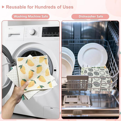 Swedish Dishcloths 6-Pack, Super Absorbent & Fast-Drying Reusable Dish Towels, Biodegradable Kitchen Sponge Cloths with Fruit Prints for Dishes, Countertops, Windows & Car