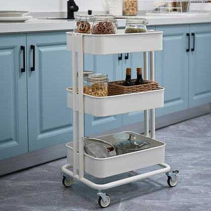 3 Tier Rolling Cart Metal Heavy Duty Utility Cart with Silent Caster Lockable Wheels Multi-Functional Organization Carts Storage Trolley with Mesh Shelves for Office Kitchen Living Room white