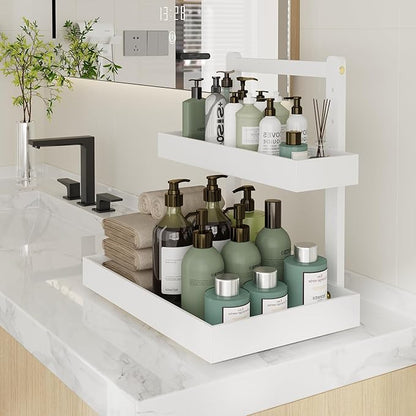 Bamboo Under Sink Storage 2 Tier Pull Out Cabinet Organizer Slide Out Under Sink Storage Shelf Undersink Organizers Shelves for Kitchen Bathroom Organization (White, 2 Packs)