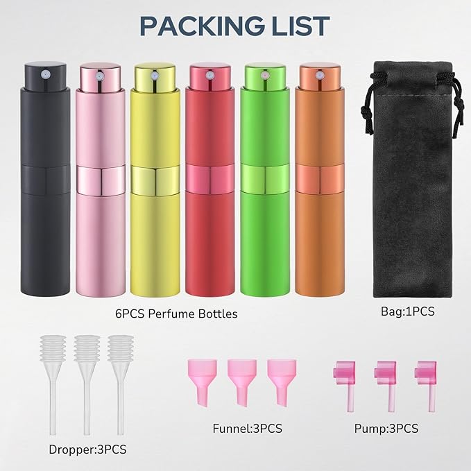 Lulupack Travel Perfume Bottle Refillable - Cologne Spray Atomizer Mini - Small Travel Size Empty Sprayer for Refill Sample Container - Portable Fragrance Decant Dispenser for Women Men 8ml 6PCS Red