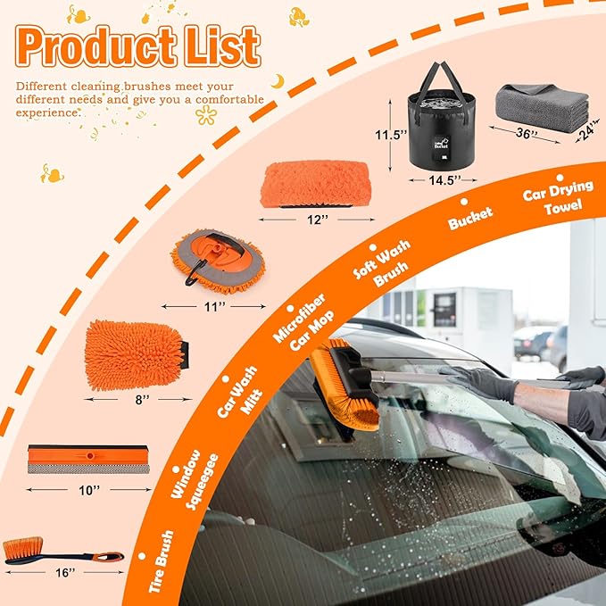 LAANPOLE 20FT Car Wash Brush with Long Handle, Car Cleaning Kit with Soft Bristle Wash Brush, Microfiber Cleaning Mop, Window Squeegee, Mitt, Wheel Brush, Bucket, Drying Towel for RV, Truck, Boat