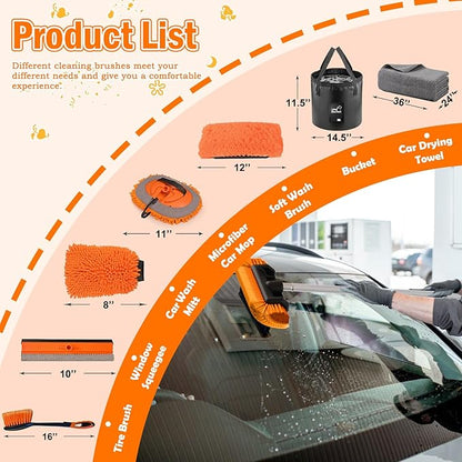 LAANPOLE 20FT Car Wash Brush with Long Handle, Car Cleaning Kit with Soft Bristle Wash Brush, Microfiber Cleaning Mop, Window Squeegee, Mitt, Wheel Brush, Bucket, Drying Towel for RV, Truck, Boat