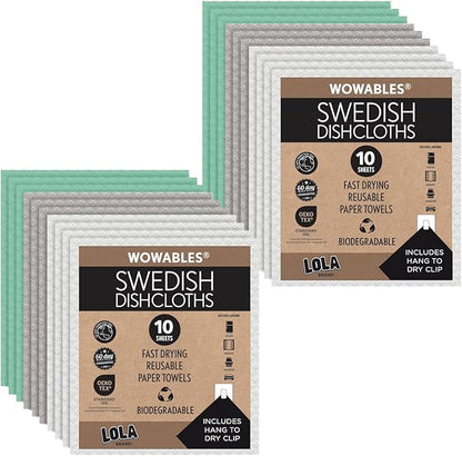 LOLA Swedish Dishcloths for Kitchen 20 Sheets, Biodegradable & Compostable Reusable Paper Towel Cleaning Cloths No Odor Washing Dishes Ultra Absorbent Cellulose Sponge Towel Made in Germany