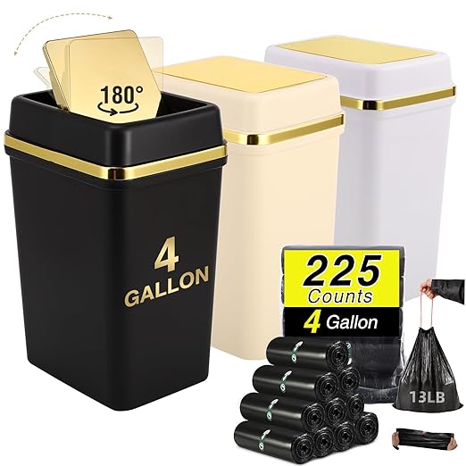 3 Pack Bathroom Trash Can with Lid 4 Gallon Small Trash Can with Swing Lid Bathroom Garbage Can with 225 Counts Trash Bags for Kitchen Bedroom Office(Black White Beige)