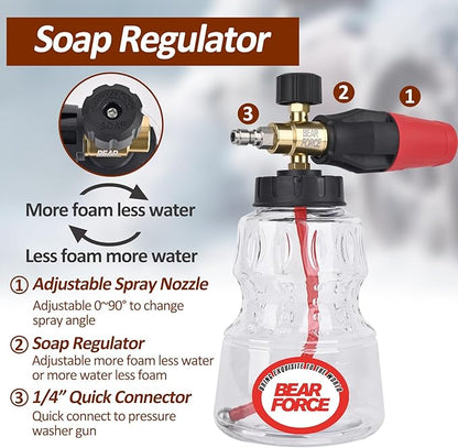 BEARFORCE Foam Cannon & 7 Adapters, Adjustable Snow Foam Lance Transparent Body, Professional Car Foam Blaster with 1/4" Quick Connector, 4000 PSI, 32oz, for Greenworks Karcher Ryobi Pressure Washer