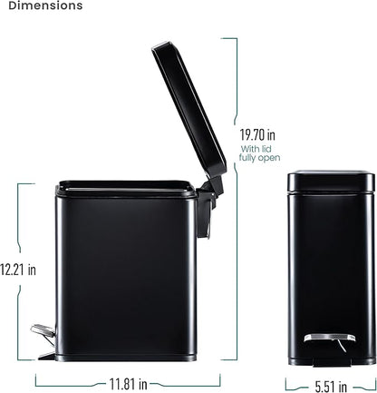 Home Zone Living 1.3 Gallon Small Bathroom Trash Can with Lid and Step Pedal, Stainless Steel Wastebasket with Slim Design for Home and Office, Matte Black, 5 Liters