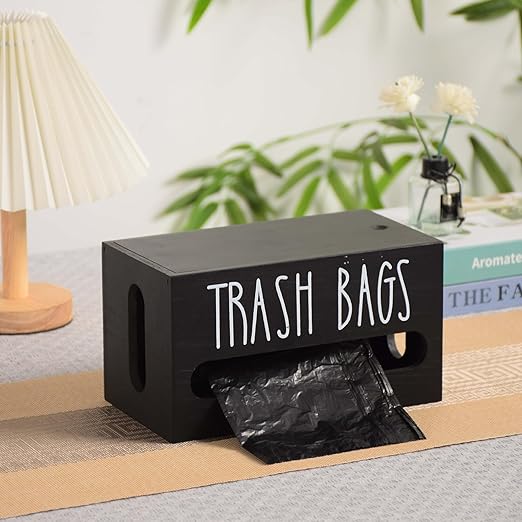 Trash Bag Dispenser, Wall Mount Trash Bag Holder Dispenser with Lid Wooden Kitchen Trash Bag Roll Organizer Plastic Garbage Bag Storage for Cabinet. (Black)