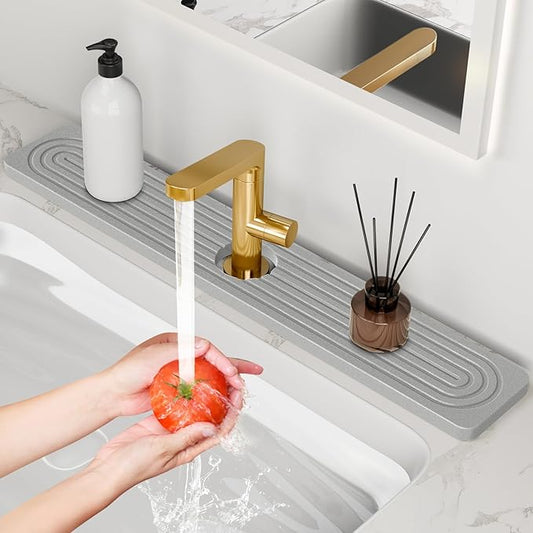 24'' Longer Stone Faucet Mat for Kitchen Sink [Super Absorbent, 30s Quick Drying] Water Absorbing Stone Tray for Sink Stone Mat for Kitchen Sink Stone Quick Dry Around Faucet Diatomite Stone Sink Tray