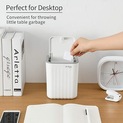 SUBEKYU 0.6 Gal Mini Desktop Trash Can with Lid, Small Square Countertop Garbage Bin, Plastic Tiny Tabletop Wastebasket for Office/Kitchen/Coffee Table, White