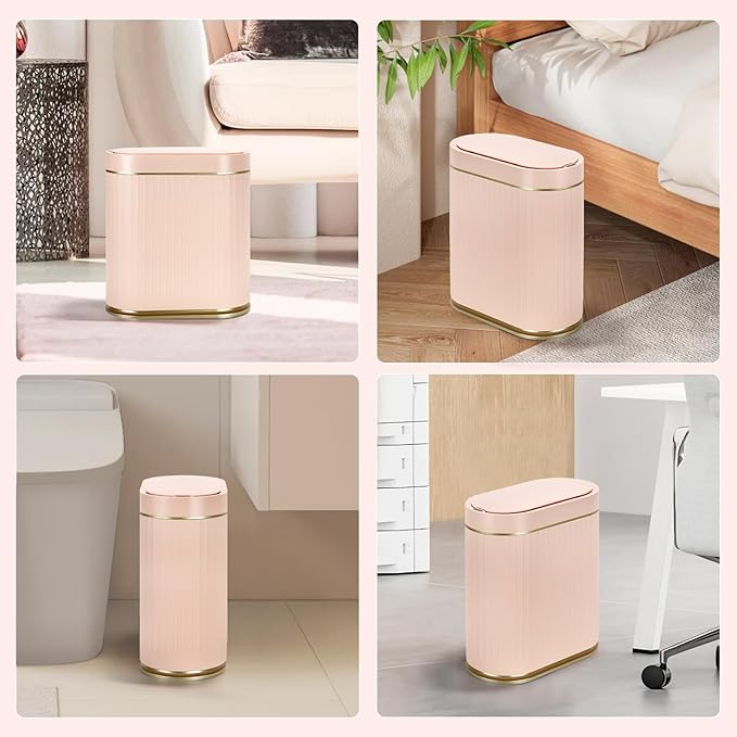 ELPHECO Bathroom Trash Can 2 Gallon Plastic Smart Garbage Can Waterproof Wastebasket Bathroom Decor Narrow Garbage Bin with Automatic lid for Bedroom, Kitchen (Pink Gold)