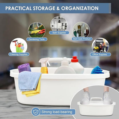 Cleaning Supplies Caddy with Handle, Portable Shower Caddy Organizer Plastic Basket with Handle, Stackable Tool Storage for Bathroom, Garden, Kitchen, Home Organization, White