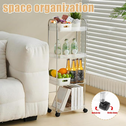 4 Tier Kitchen Bathroom Storage Rolling Cart 39 Inches Tall Slim Utility Rolling Shelf Cart with 4 Universal Wheels Coner Storage Shelves Cart (Acrylic)