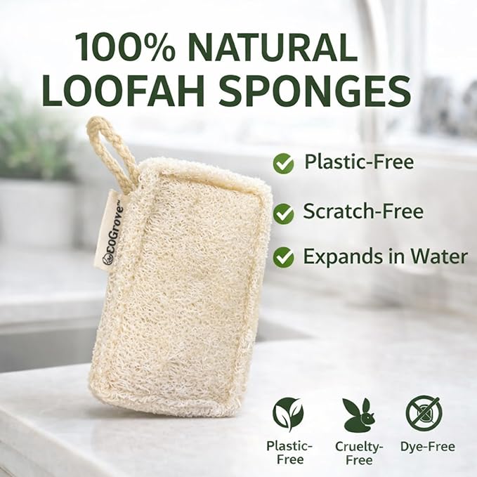Natural Loofah Dish Sponges 4 Pack – 100% Plant-Based Luffa Scrubber for Dishes, Pots & Nonstick Pans – Compostable, Non-Scratch Kitchen Sponge for Sink, Tile & Everyday Cleaning (Travel)