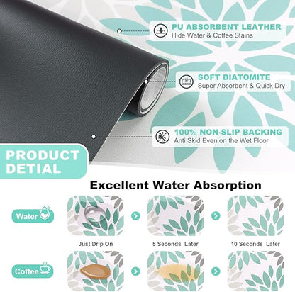 Findosom Floral Dish Drying Mat, 12" x 20" Super Absorbent & Hide Stain Coffee Mat, Cuttable Drying Mat for Kitchen Counter, Under Dish Rack, Coffee Maker, Espresso Machine, Teal