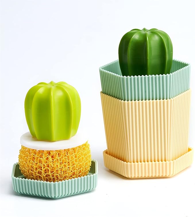 Cactus Mini Dish Brush Set with Drip Tray (3 Replacement Brushes), Durable Kitchen Cleaning Scrubbers for Plates, Pans, Pots, Sink (Green)