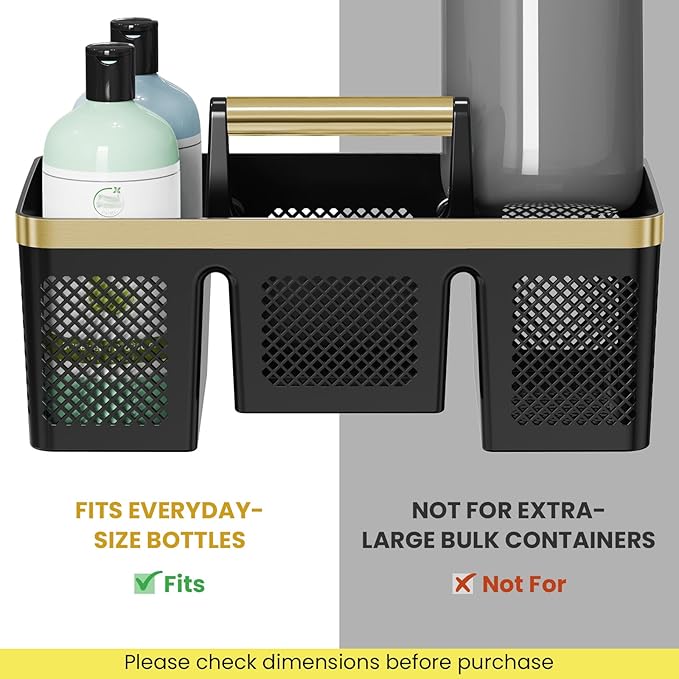 BYUNER Portable Cleaning & Shower Caddy with Handle: Rigid Plastic Basket with 4 Divided Compartments, All-Side Drainage for College Dorm, Bathroom & Utility Use, Black/Gold
