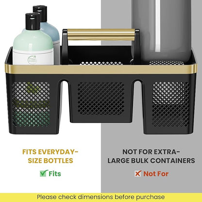 BYUNER Portable Cleaning & Shower Caddy with Handle: Rigid Plastic Basket with 4 Divided Compartments, All-Side Drainage for College Dorm, Bathroom & Utility Use, Black/Gold